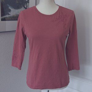 Eddie Bauer Coral Three Quarter Sleeve Top with Floral Embroidery Size S